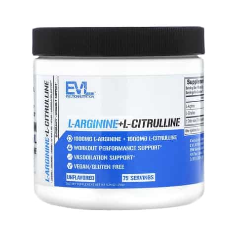 Evlution Nutrition L-Arginine + L-Citrulline - Endurance + Workout Performance Supplement - 2000mg Complex - Vasodilation + Nitric Oxide Support - Vegan + Gluten Free Powder - 75 Servings