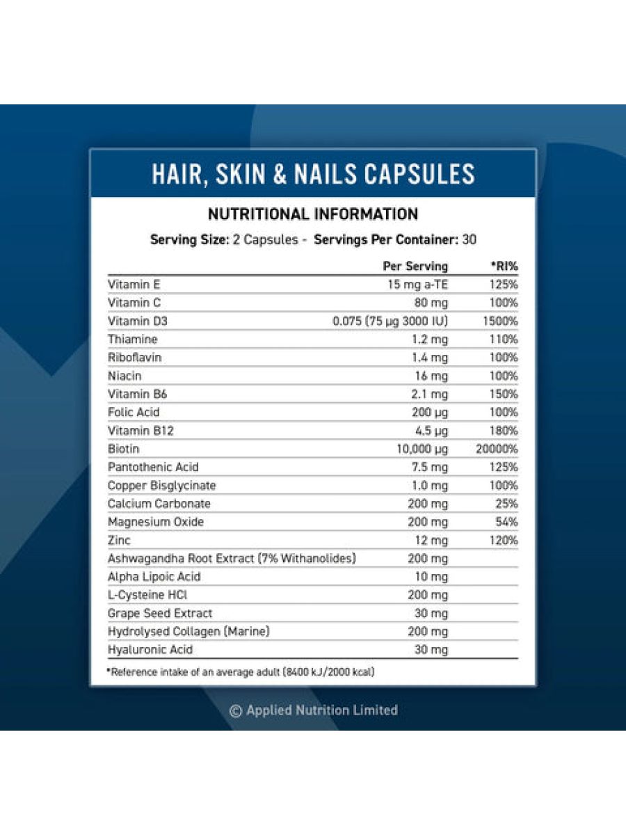 Applied Nutrition Hair, Skin & Nails, (BİOTİN+B12+MAGNESİUM OXİD+GRAPE+COLLAGEN+FOLİC ACİD 60 Caps