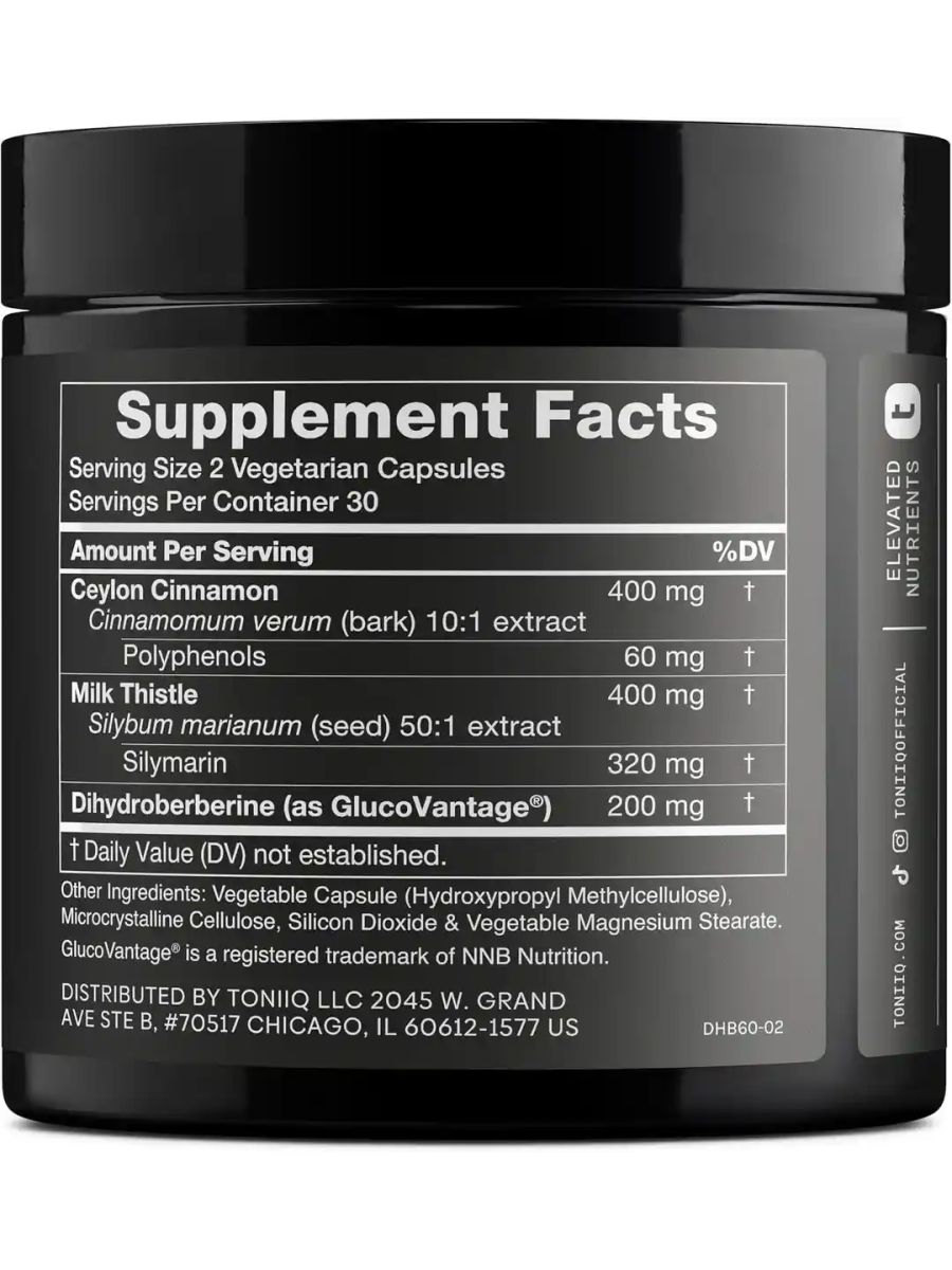 Toniiq Dihydroberberine Blood sugar Glucovantage Ceylon Cinnamon And Milk Thistle 50:1 Lab Tested 60 Caps ürün görseli - FC PROTEİN MARKET