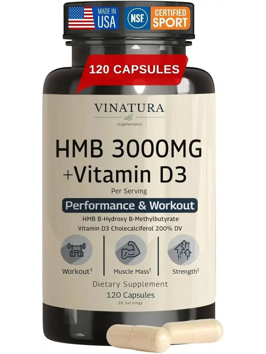 VINATURA HMB 3000mg Muscle Defense with HMB Beta-Hydroxy Beta-Methylbutyrate Vitamin D3 1600 IU Labs Tested NSF Certified for Sport - 120 Caps ürün görseli - FC PROTEİN MARKET
