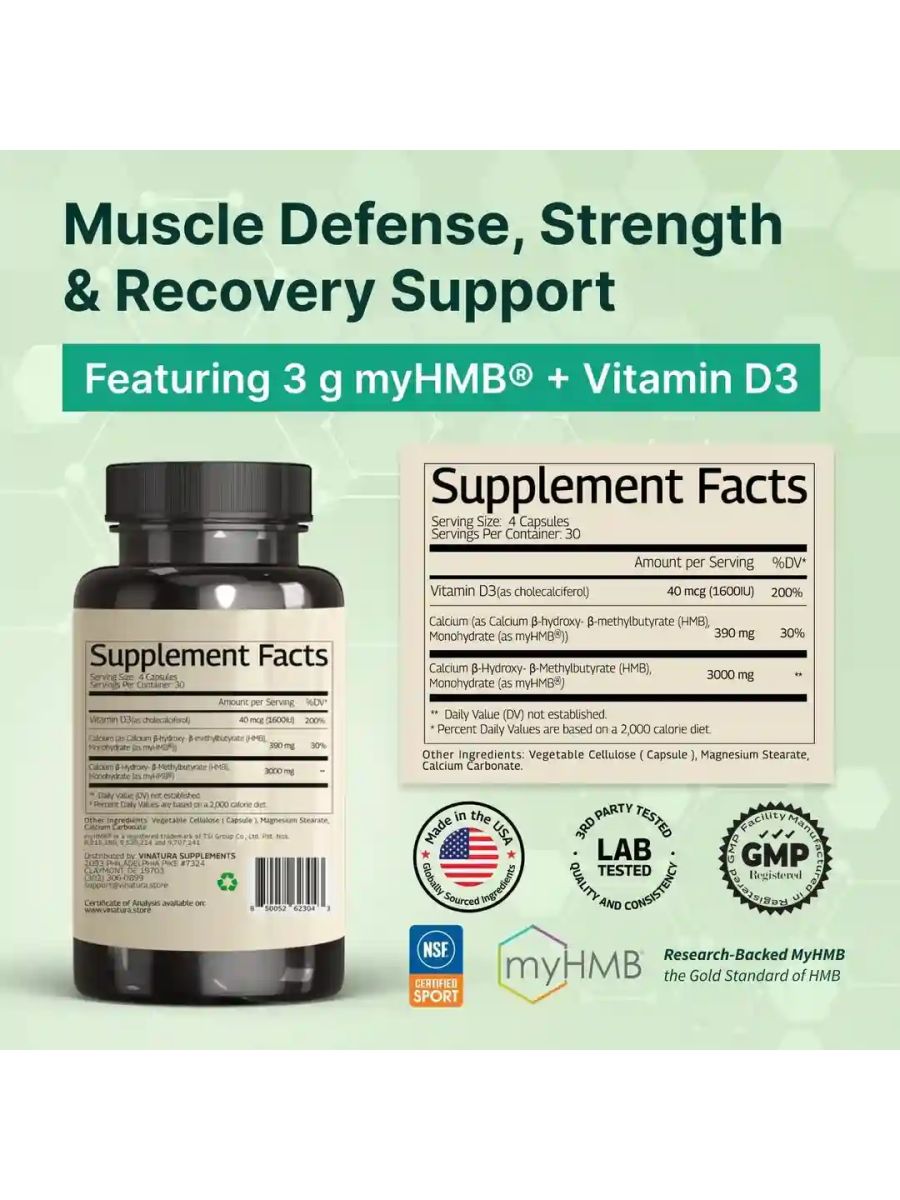 VINATURA HMB 3000mg Muscle Defense with HMB Beta-Hydroxy Beta-Methylbutyrate Vitamin D3 1600 IU Labs Tested NSF Certified for Sport - 120 Caps alternatif görsel - FC PROTEİN MARKET