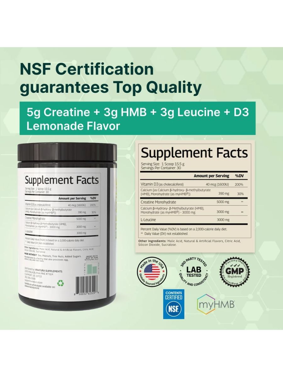 VINATURA Creatine Monohydrate HMB Powder with Leucine Losin Vitamin D3 - Muscle Defense - Vegan Lemonade Flavor 30 Serving alternatif görsel - FC PROTEİN MARKET