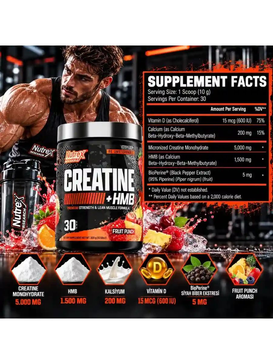 Nutrex Research Micronize Creatine+Hmb Monohidrat 30 Servis - Fruit Punch alternatif görsel - FC PROTEİN MARKET