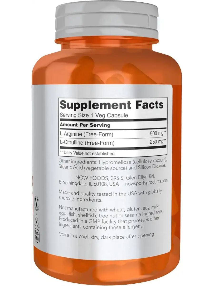 NOW Sports Nutrition Arginine & Citrulline 500 mg 250 mg Amino Acids 120 Veg Caps ürün görseli - FC PROTEİN MARKET