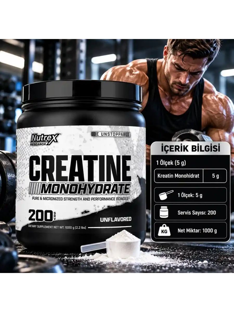 Nutrex Research Creatine Monohydrate Unflavored 1000 g - 200 Servis - Kreatin Takviyesi ürün görseli - FC PROTEİN MARKET