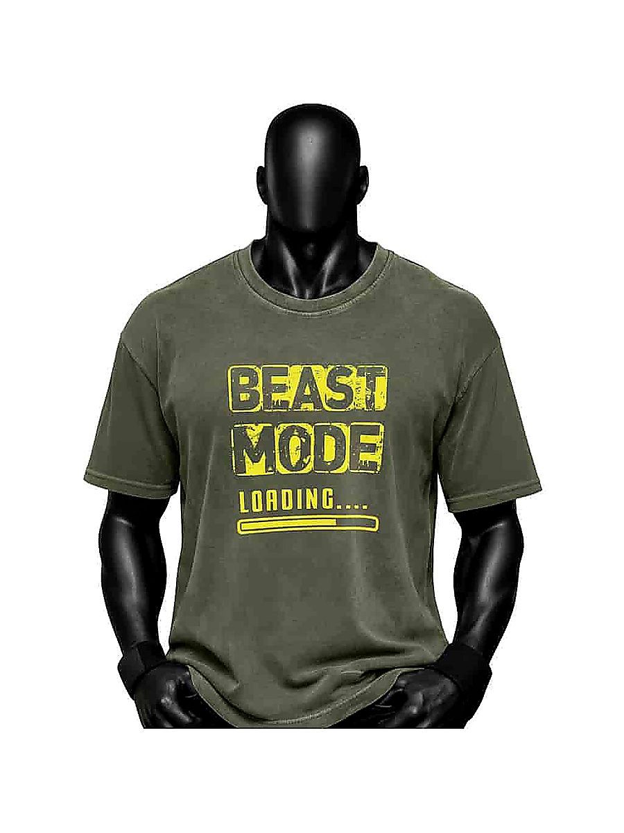 Haki Renk Beast Mode Baskılı %100 Pamuk Oversize Tişört
