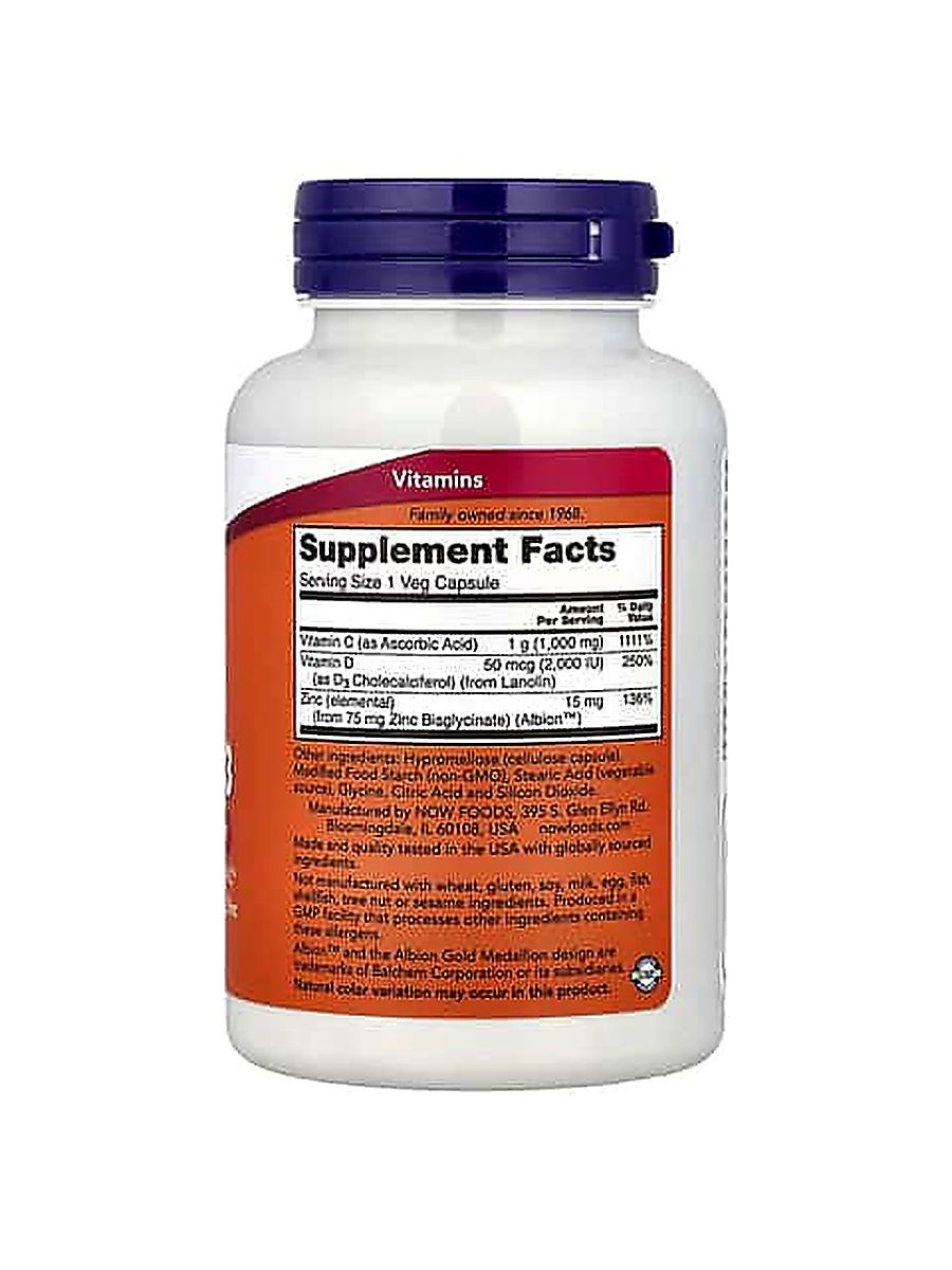 NOW Foods Vitamin C-1000 Zinc Çinko & D3 Vitamin Immune Support Antioxidant 100 Veg Caps alternatif görsel - FC PROTEİN MARKET