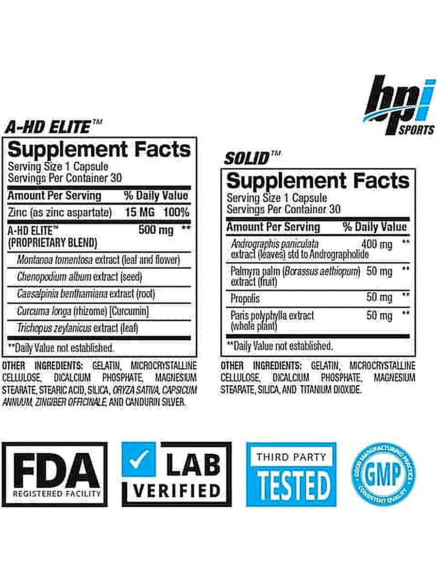 BPI Sports A-HD Elite/Solid Testo Booster for Men Strength Libido & Performance Support 30 Servis