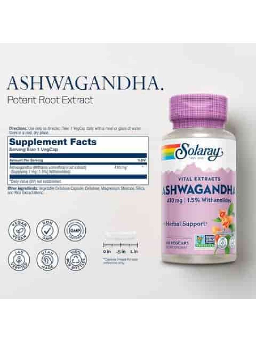 Solaray, Ashwagandha, 470 mg, 60 Vegetarian Capsules ürün görseli - FC PROTEİN MARKET